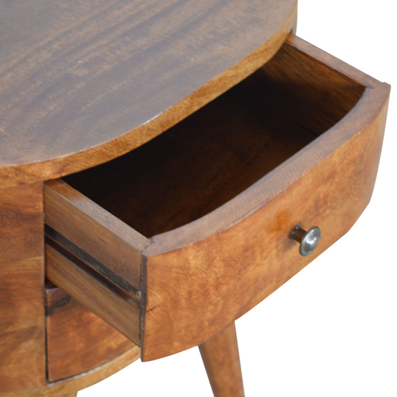 Chestnut Rounded Bedside Table with 2 Drawer, Handmade Solid Wood, Modern Design