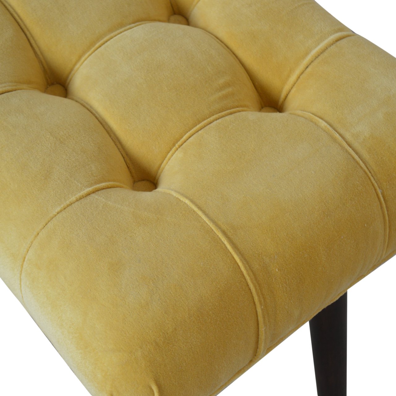 Mustard Cotton Velvet Curved Bench, Handmade Solid Wood, Comfortable Seating