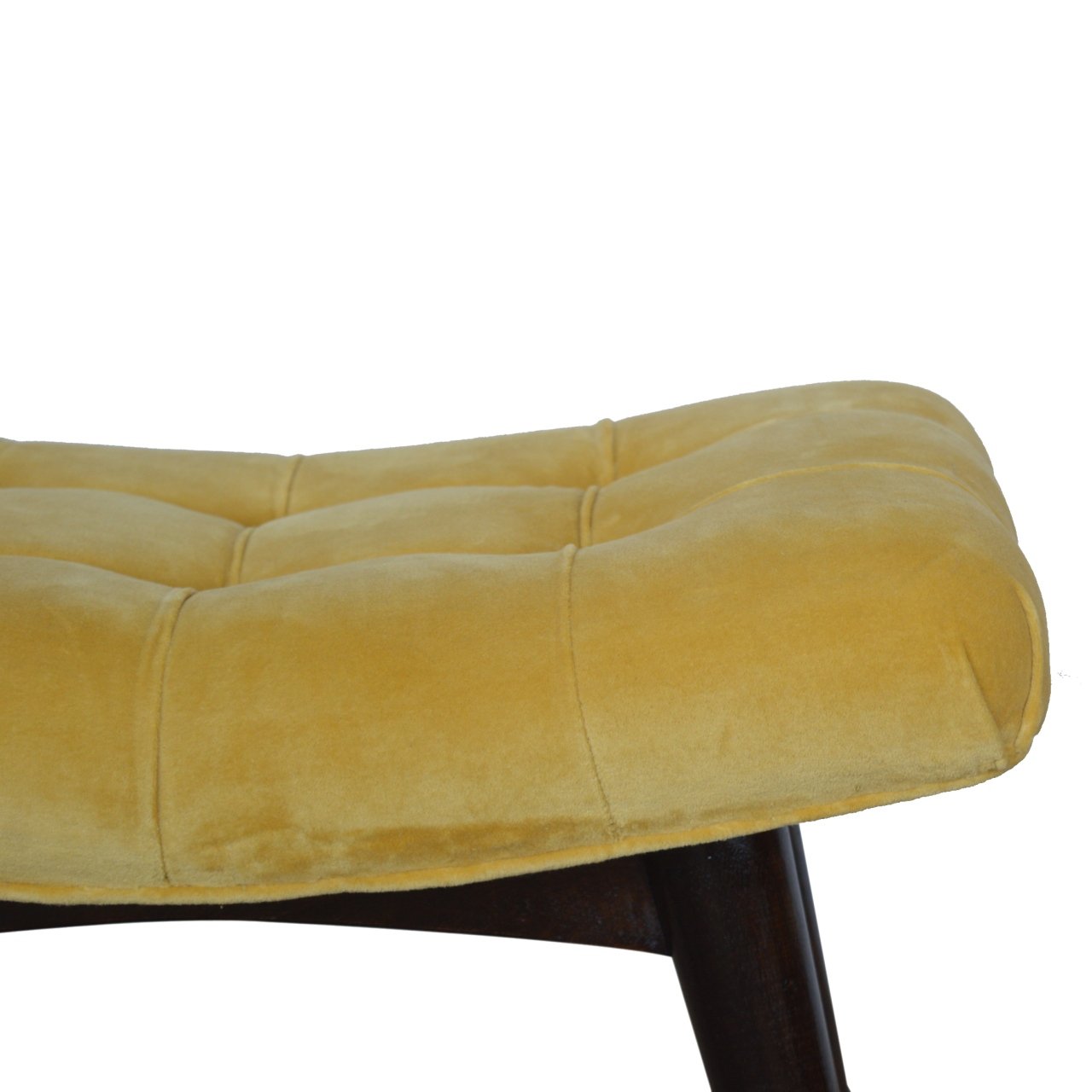 Mustard Cotton Velvet Curved Bench, Handmade Solid Wood, Comfortable Seating