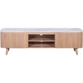 170cm Ashford TV cabinet with a white natural marble top and fluted pale taupe solid mango wood body.
