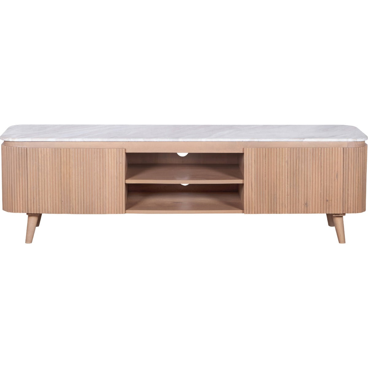 170cm Ashford TV cabinet with a white natural marble top and fluted pale taupe solid mango wood body.
