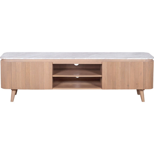170cm Ashford TV cabinet with a white natural marble top and fluted pale taupe solid mango wood body.
