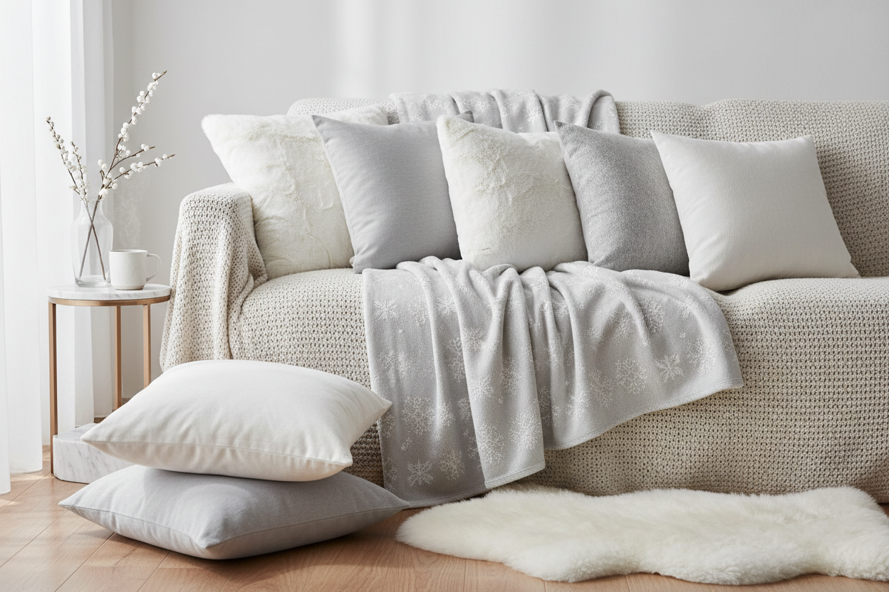 “Soft winter pillows arranged on a cosy sofa, white and light grey color palette, gentle natural light, warm winter interior atmosphere, subtle snowflake textured throw, premium bedding photography, minimal and elegant styling.”