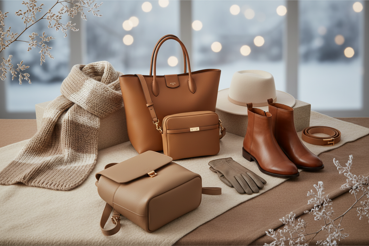 Use a subtle winter background with warm neutral tones, soft textures, and gentle natural lighting. The setting should feel cozy and elegant, with minimal winter elements such as light frost or soft seasonal ambiance, without overpowering the products.