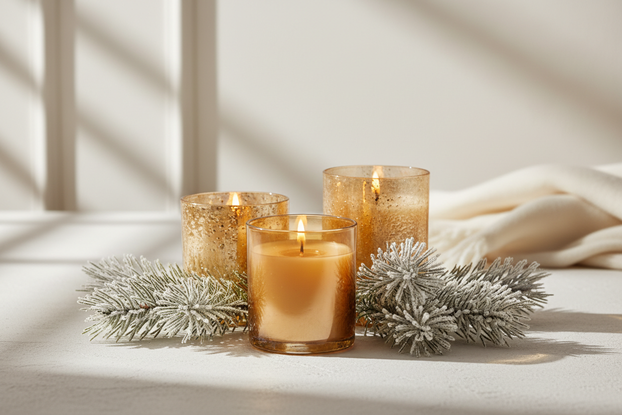 “Warm winter candle aesthetic, gold and amber candle jars, glowing candlelight, frosted pine branches, soft shadows, cosy winter interior styling, white and beige tones, premium product photography, minimalist background, high-end home décor look
