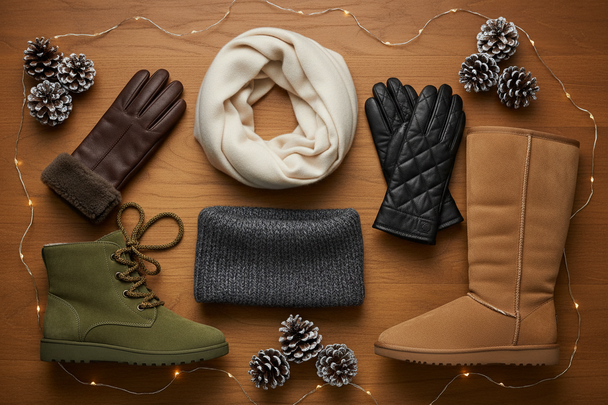 Winter-themed flat lay of women’s accessories: scarves, neckwarmers, gloves, boots on warm wooden background with pinecones and fairy lights, photorealistic 4K, UK premium style